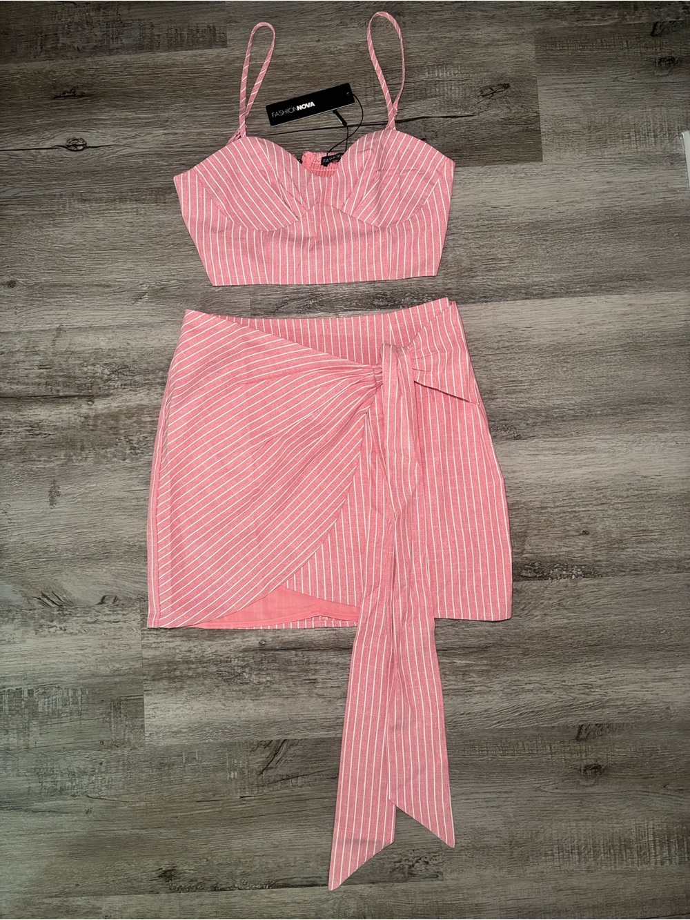 Fashion Nova Pink & White Pinstripe Crop Tank and Wrap Skirt Set